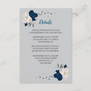 navy blue & white flowers silver leaves details enclosure card