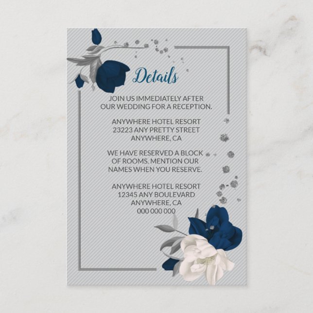 navy blue & white flowers silver leaves details enclosure card (Front)