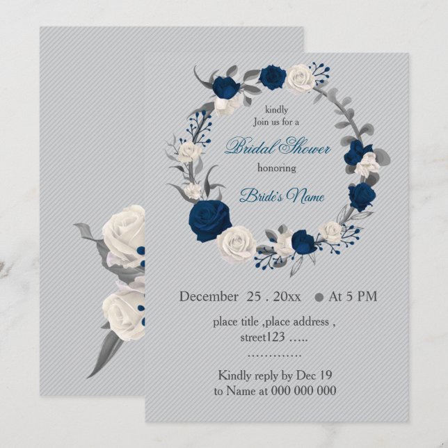 navy blue & white flowers wreath bridal shower invitation (Front/Back)
