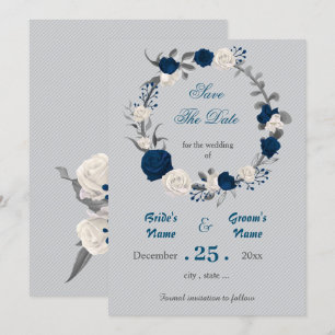 navy blue & white flowers wreath save the date invitation