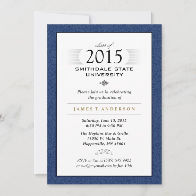 Navy Blue & White Formal Graduation Invitation (Front)