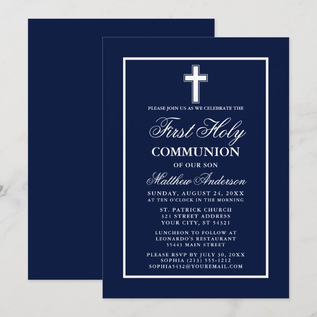 Navy Blue White Frame First Holy Communion Invitation (Front/Back)