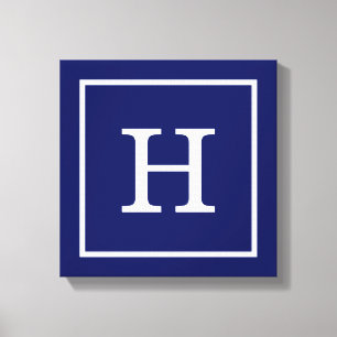 Navy Blue White Framed Initial Monogram Canvas Print