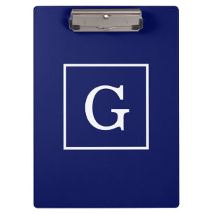 Navy Blue White Framed Initial Monogram Clipboard