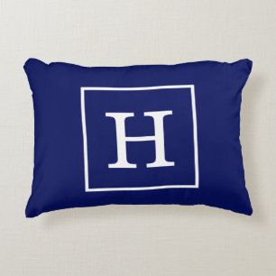 Navy Blue White Framed Initial Monogram Decorative Pillow