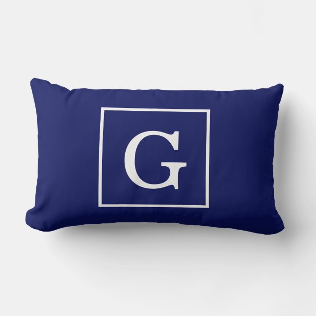Navy Blue White Framed Initial Monogram Lumbar Pillow (Front)