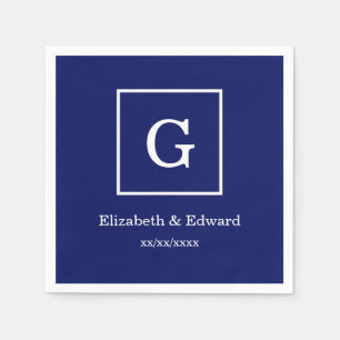 Navy Blue White Framed Initial Monogram Napkin