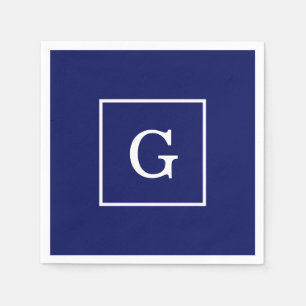 Navy Blue White Framed Initial Monogram Napkin