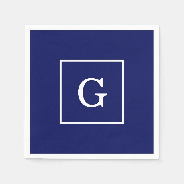 Navy Blue White Framed Initial Monogram Napkin (Front)