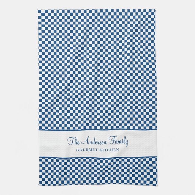 Navy Blue White French Plaid Check Country Gourmet Kitchen Towel (Vertical)