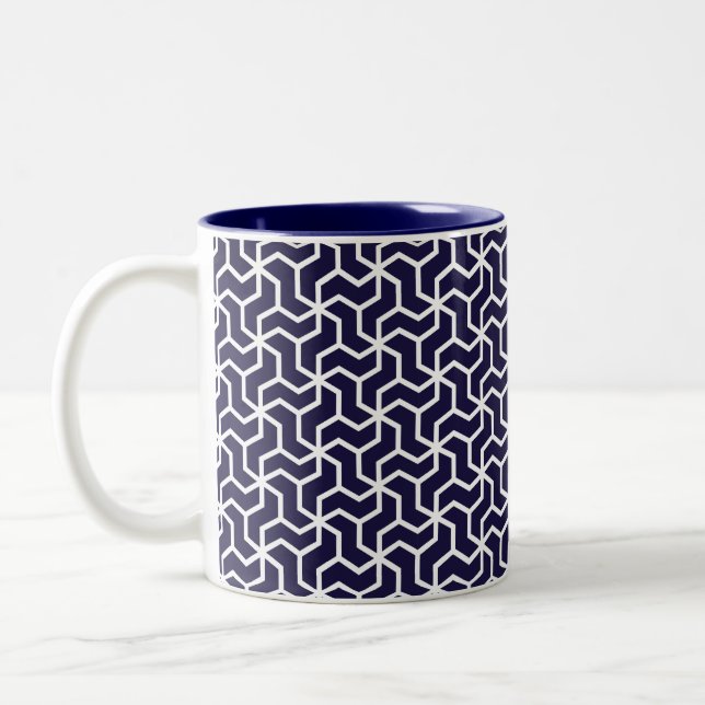 Navy Blue White Geometric Art Deco Pattern Two-Tone Coffee Mug (Left)