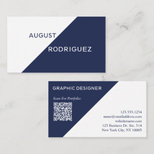 Navy Blue White Geometric Custom QR Code Business Card