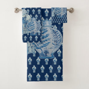 Navy Blue & White Ginger Jars Bath Towel Set