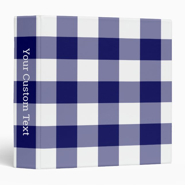 Navy Blue White Gingham Plaid Pattern Custom Title Binder (Front/Spine)