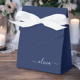Navy Blue White Girly Script Monogram Name Modern Favor Box