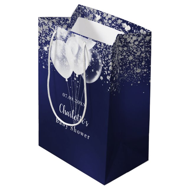Navy blue white glitter balloons boy Baby Shower Medium Gift Bag (Back Angled)