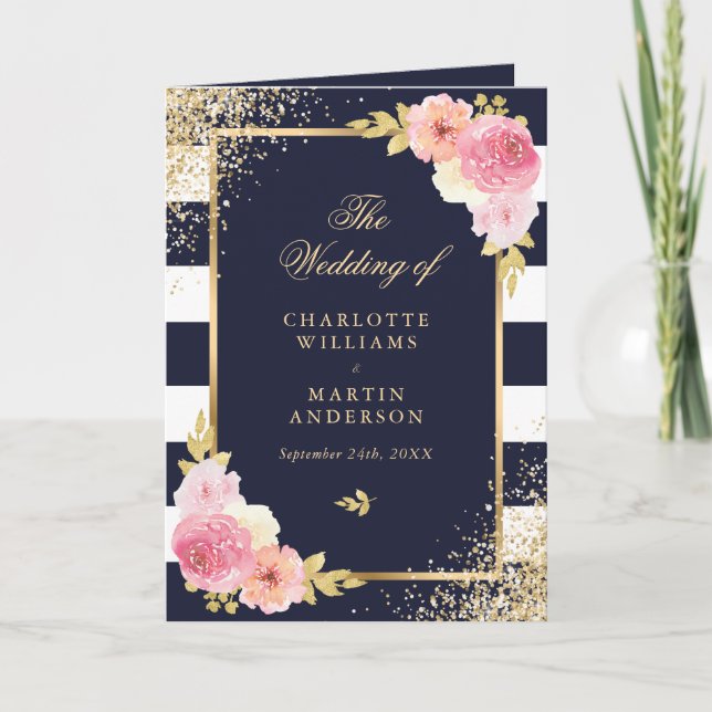 Navy Blue White Gold Blush Pink Floral Wedding Program (Front)
