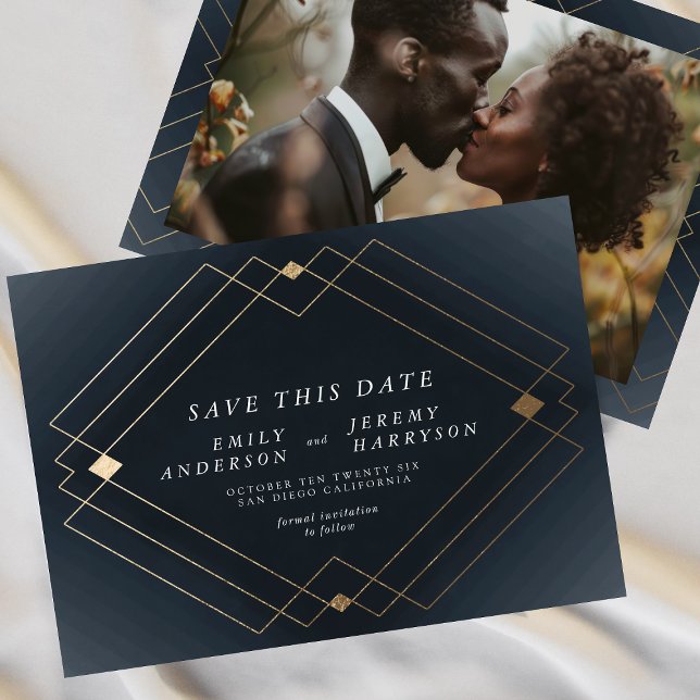 Navy Blue & White | Gold Deco Lines Save The Date Announcement (Creator Uploaded)