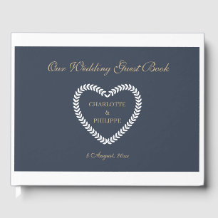 Navy Blue White Gold Heart Shaped Elegant Wedding Guest Book