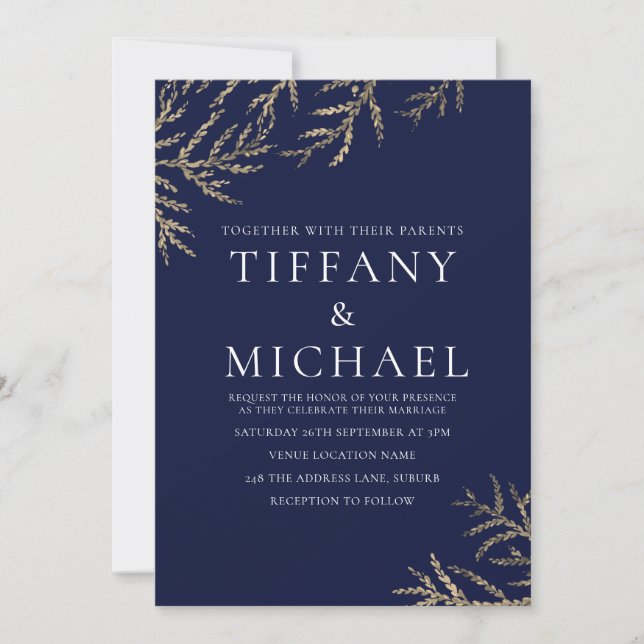 Navy Blue & White Gold Leaf Wedding Invitation (Front)