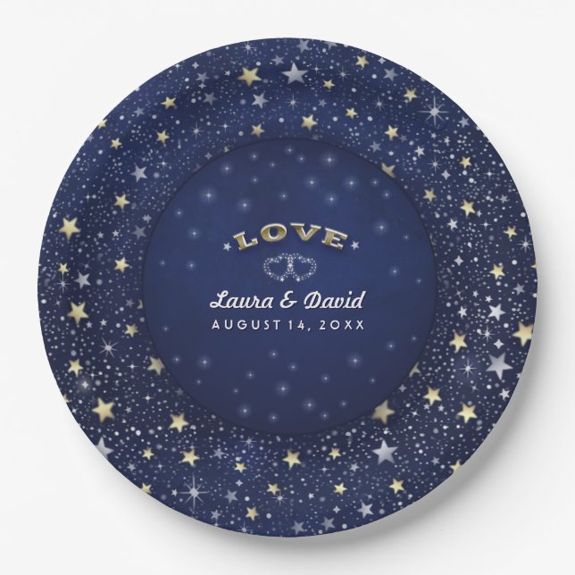 Navy Blue White & Gold LOVE Stars Wedding Plates (Front)