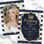 Navy Blue White Gold Photo 50th Birthday Invitation<br><div class="desc">Elegant floral feminine 50th birthday invitation with your photo at the back of the card. Glam navy white design with faux glitter gold. Features navy blue and white stripes, white roses, script font and confetti. Perfect for a stylish adult bday celebration party. Personalise with your own details. Can be customised...</div>