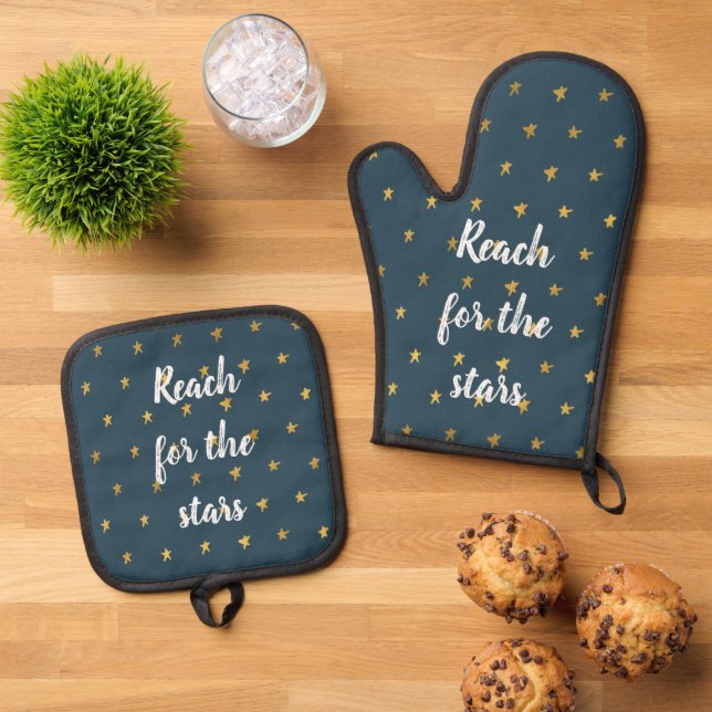 Navy Blue White Gold Stars  Oven Mitt & Pot Holder Set (Top Down)
