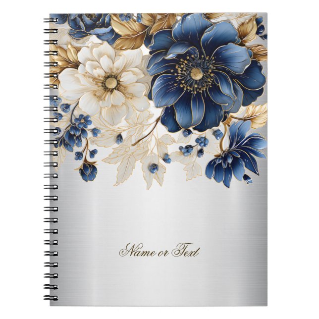 Navy Blue White Golden Flowers Silver Notebook (Front)