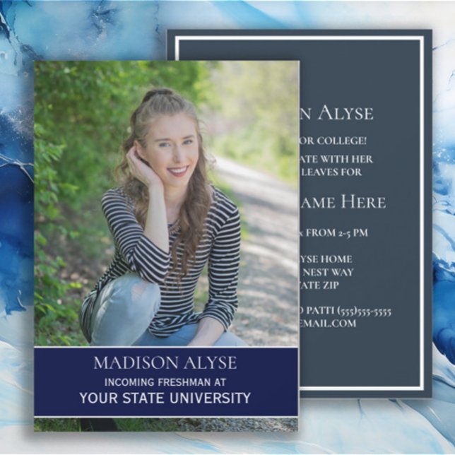 Navy Blue White Grad College Trunk Party Photo Invitation (Navy blue and white graduation/college dorm trunk party photo invitation)