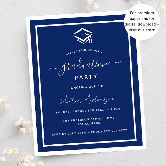Navy blue white graduation party budget invitation flyer (Creator Uploaded)