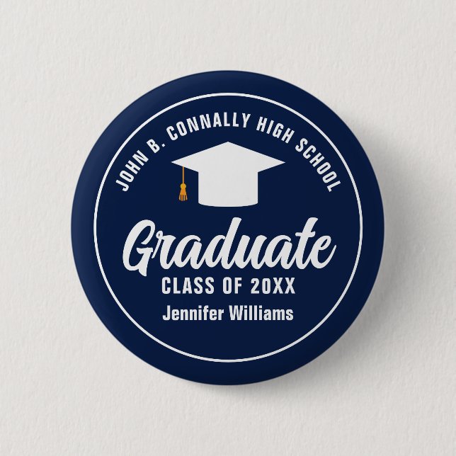 Navy Blue White Graduation Party Personalized 2 Inch Round Button (Front)