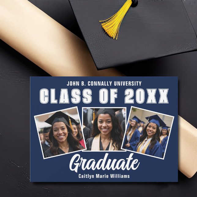 Navy Blue White Graduation Photo Collage Graduate Announcement (Creator Uploaded)