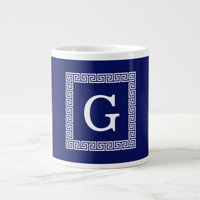 Navy Blue White Greek Key #1 Framed Monogram Large Coffee Mug (Front)