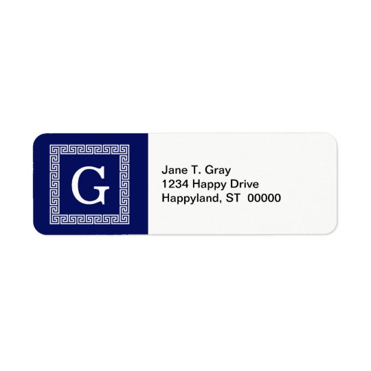 Navy Blue White Greek Key #1 Framed Monogram Return Address Label