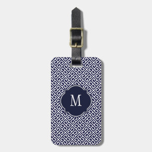 Navy Blue & White Greek Key Monogram Luggage Tag