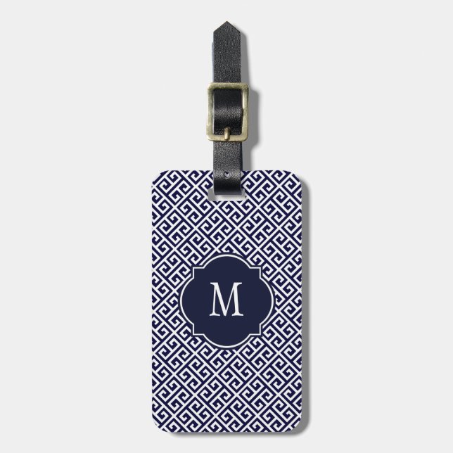 Navy Blue & White Greek Key Monogram Luggage Tag (Front Vertical)