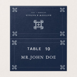 Navy Blue White Greek Key Wedding Place Card