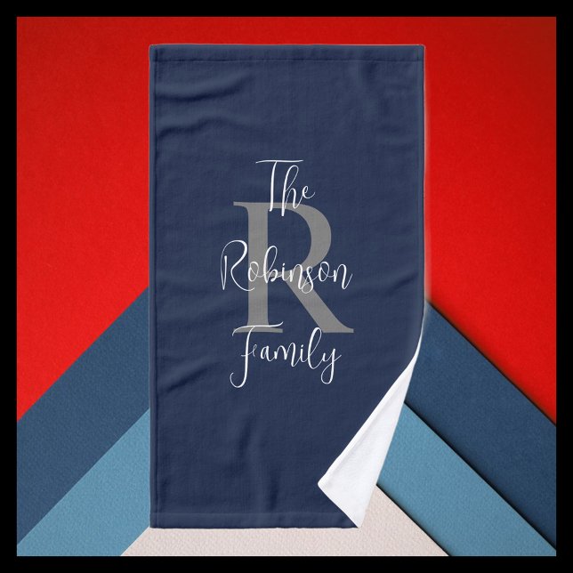 Navy Blue White Grey Family Name Monogram  Bath Towel Set (Creator Uploaded)