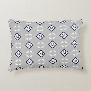 Navy Blue White Grey Monogram Paddle Pattern Accent Pillow