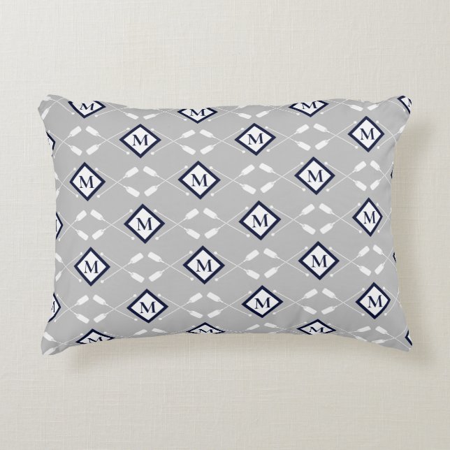 Navy Blue White Grey Monogram Paddle Pattern Accent Pillow (Front)