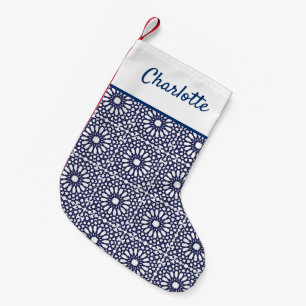 Navy Blue White Hamptons Lake House Moroccan Tile Small Christmas Stocking