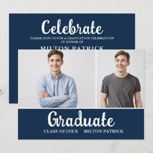 Navy Blue White Handwriting Photo Graduation Party Invitation