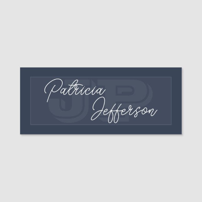 Navy Blue White Handwritten Monogram Style Name Tag (Front)