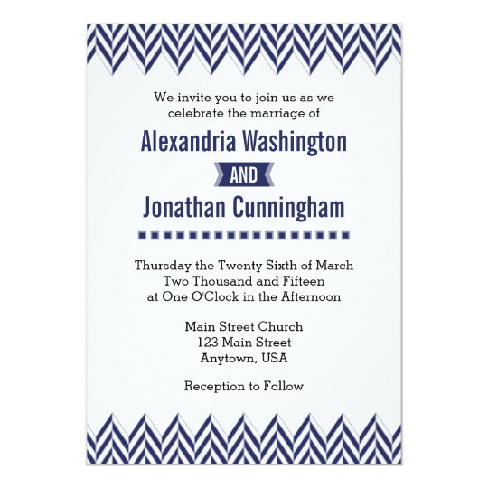 Navy Blue White Herringbone Wedding Invitation
