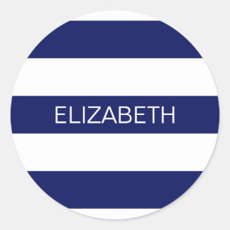 Navy Blue White Horiz Preppy Stripe #3 Monogram Classic Round Sticker