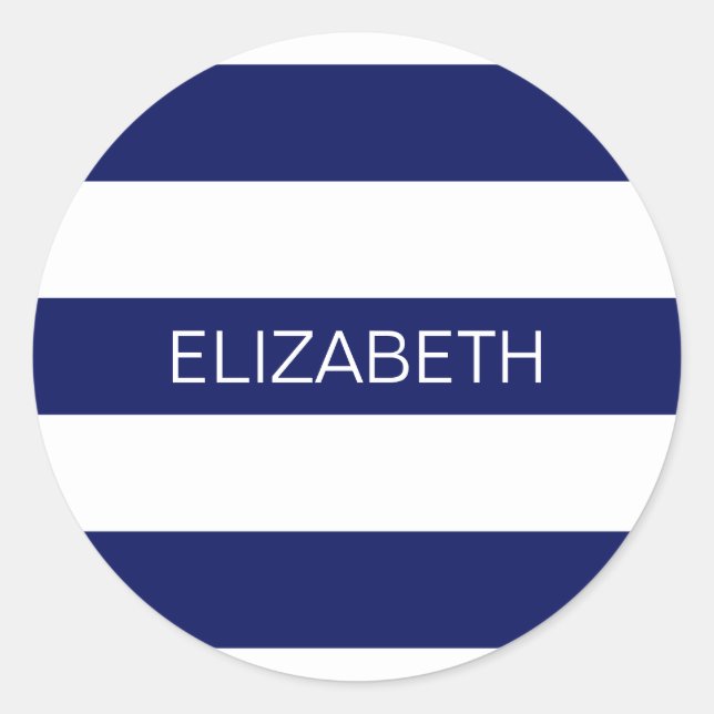 Navy Blue White Horiz Preppy Stripe #3 Monogram Classic Round Sticker (Front)