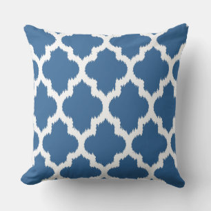 Navy Blue & White Ikat Quatrefoil Pattern Throw Pillow