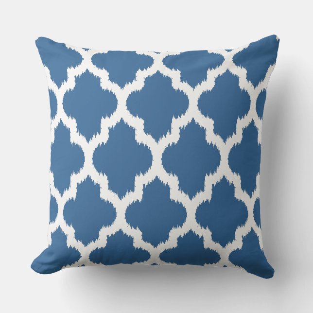 Navy Blue & White Ikat Quatrefoil Pattern Throw Pillow (Front)