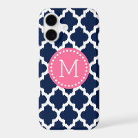 Navy-Blue & White Ikat Quatrefoil Pink Accents