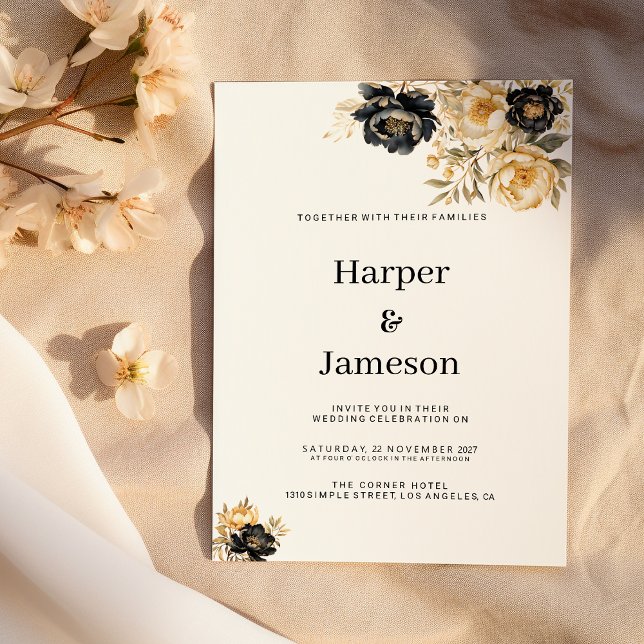 Navy blue white ivory gold peony floral Wedding Invitation (Navy blue white ivory gold peony floral Wedding )